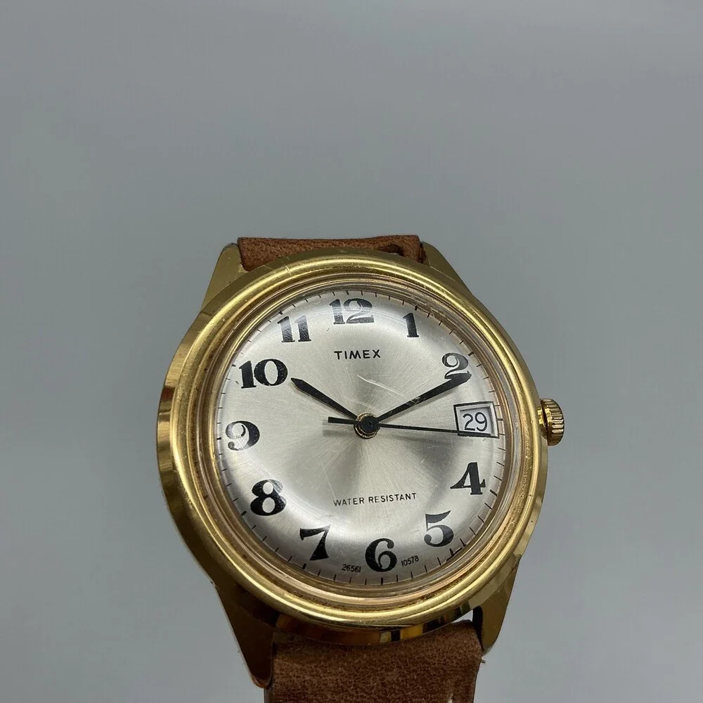 Vintage Timex Marlin Mens Watch 37mm Gold Tone Leather Date Manual Wind